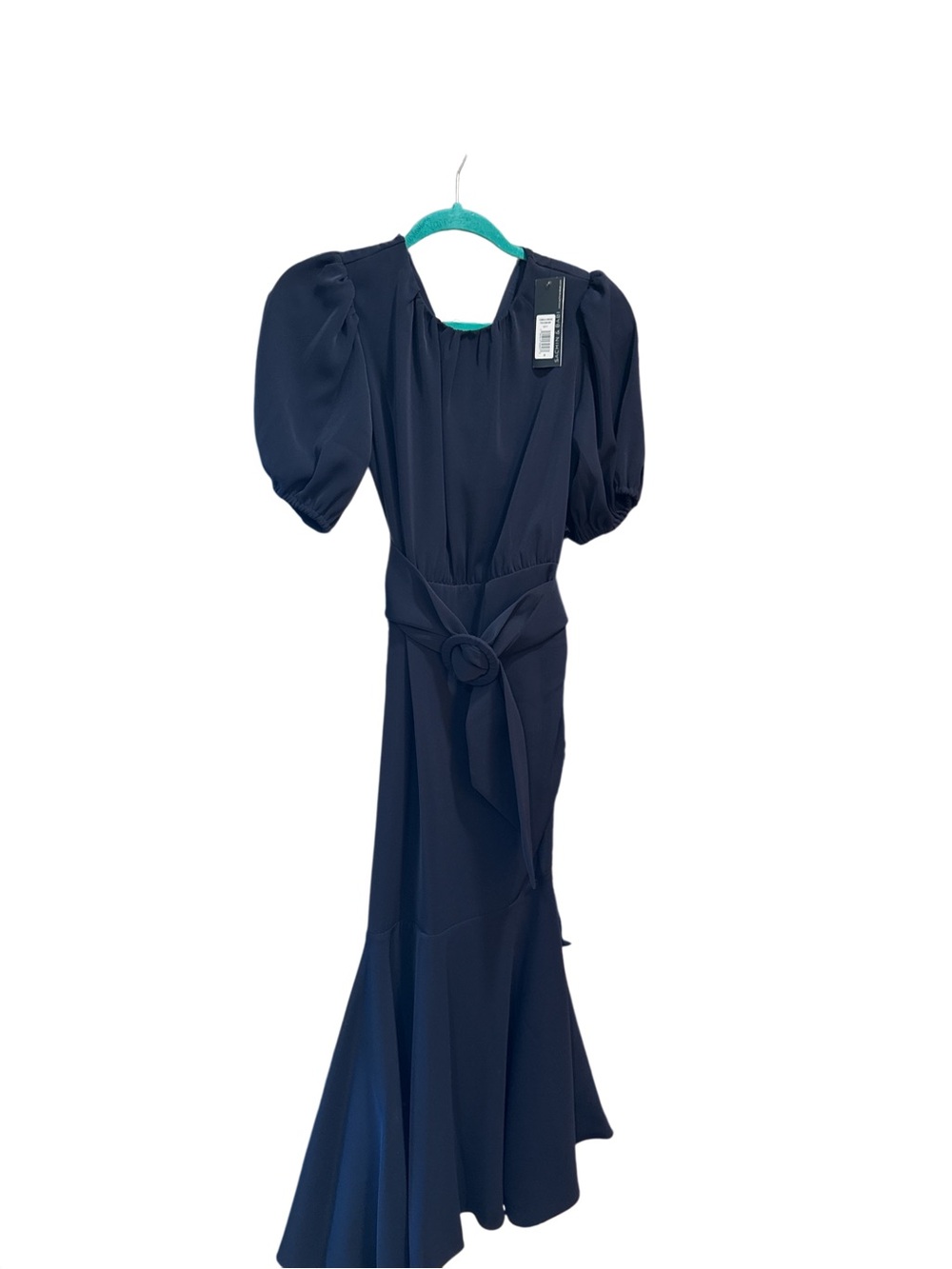 Elegant Navy Puff-Sleeve Belted Midi Dress
